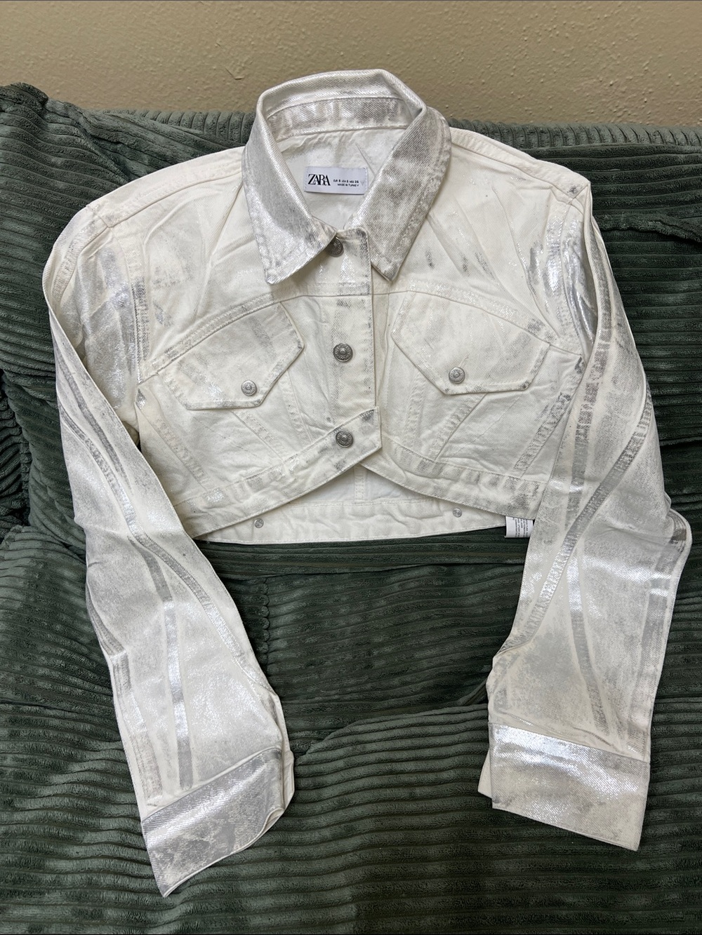 ZARA White Denim Jacket with Silver Metallic Wash